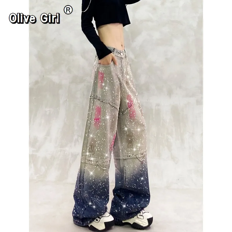 Olivegirl Denim Jeans Full Sky Star Diamond Painted Rivet Chain Pants Women Trousers High Waisted Loose Straight Leg Wide Leg