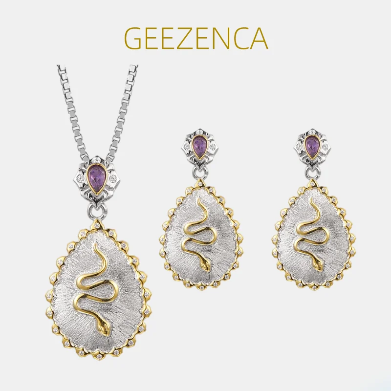 GEEZENCA 925 Silver Two Tone Amethyst Snake Shaped Earrings Pendant For Women Italian Craft Earrings Pendants Without Chain