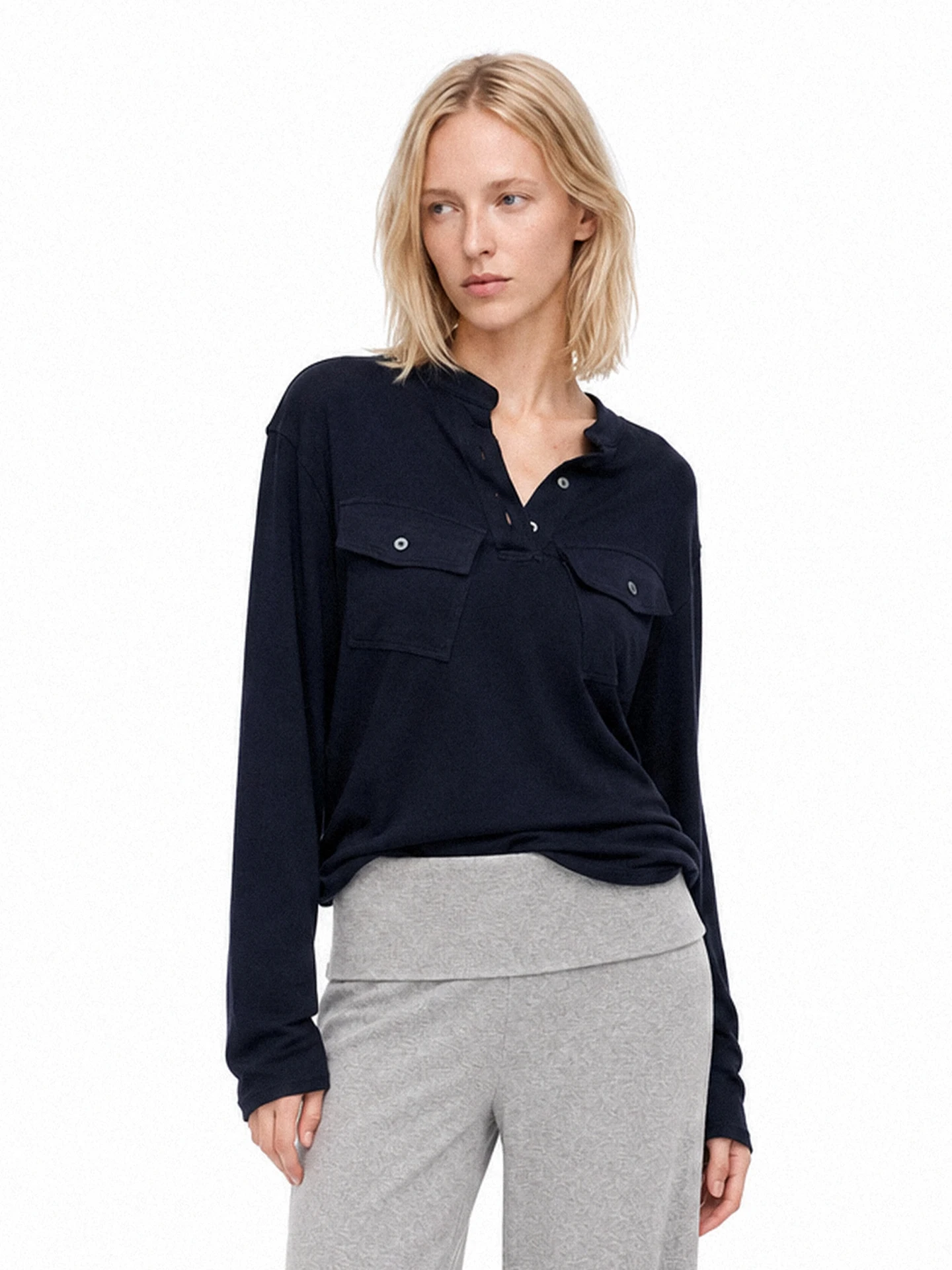 TDDP Henry Women's Long Sleeve T-Shirt Loose Fit Casual Style Autumn Design with Pocket Slimming Effect Comfortable Breathable