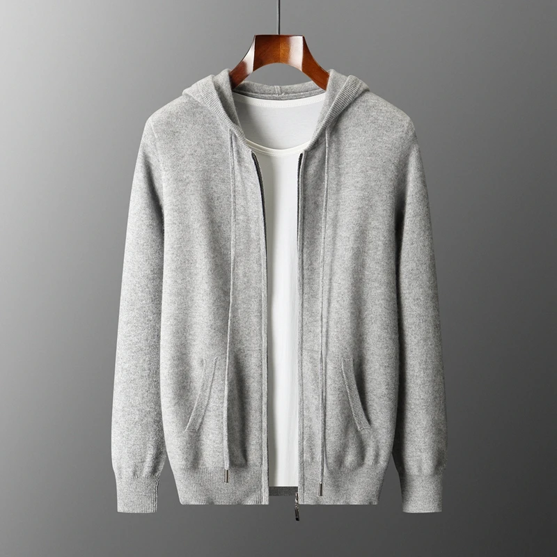 Men's 100% Merino Wool Sweater Hooded Collar Knitted Cardigan Sweatshirt Autumn Winter Casual Large Top Long Sleeved Sweatercoat