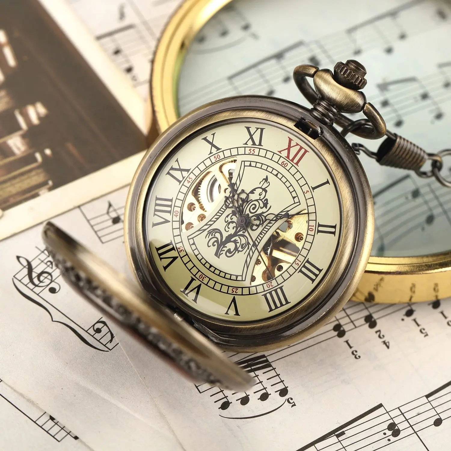 ساعة جيب هيكل عظمي بحلقة خشبية فاخرة عتيقة، أرقام رومانية يدوية، ساعة جيب ميكانيكية reloj de bolsillo