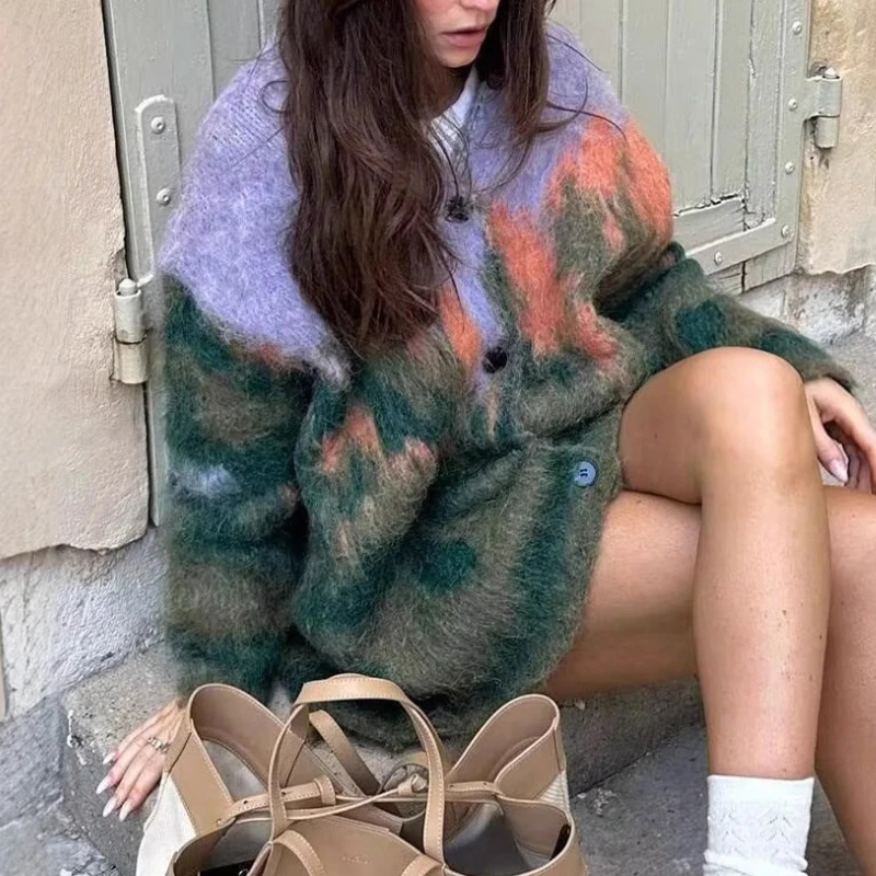 

Popular Women's Clothing European and American Style Landscape Pattern Long-sleeved V-neck Loose Knitted Coat Jacket