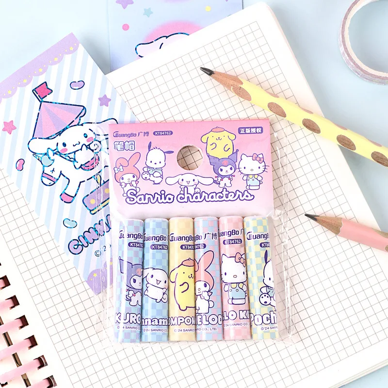 MINISO 6Pcs/Bag Kawaii Sanrio Pencil Cap Cartoon Hello Kitty Kuromi Pen Topper Covers Pencil Extender Stationery School Supplies