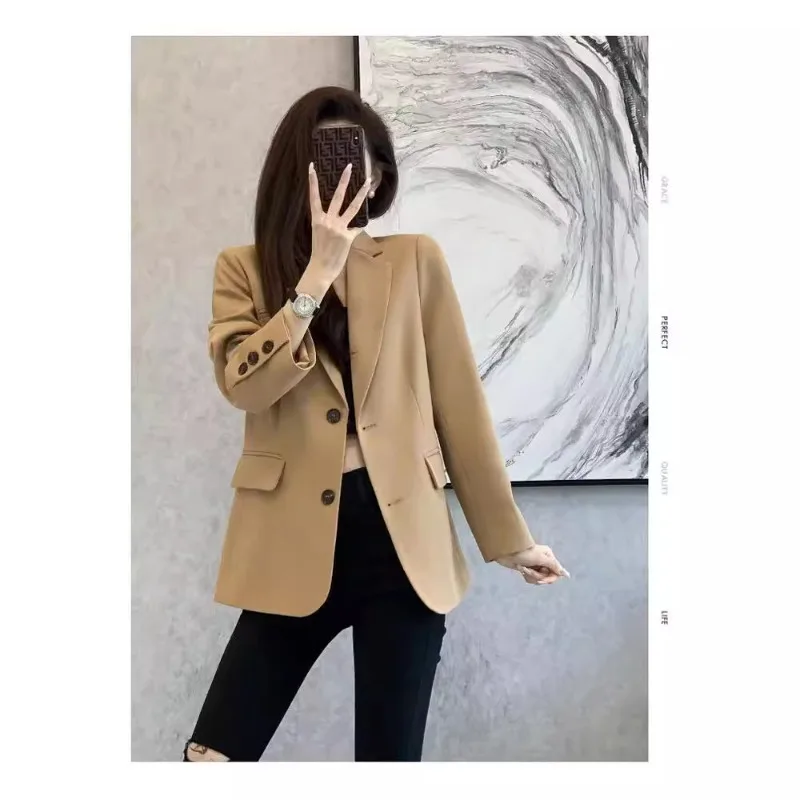 

Spring Women's Blazer Korean Elegant Commute Style Solid Khaki Loose Casual Suit Coat Office Lady Outerwear for Petite Figure