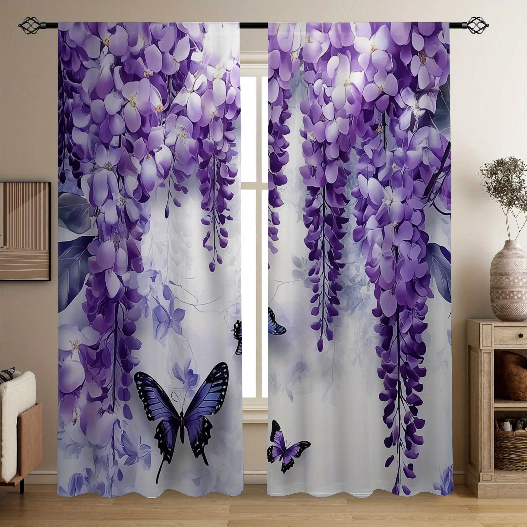 Wisteria Vorhang mit Blumen- und Schmetterlingsdruck, lila Blüten, Heimdekoration, Vorhang für Wohnzimmer und Schlafzimmer