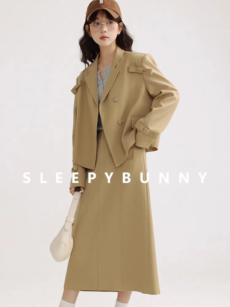 Elegant Bow Blazer Suit for Women Fall Two-Piece Outfit Short Lapel Jacket High-Waist Pants Korean Style Office wear Casual Look