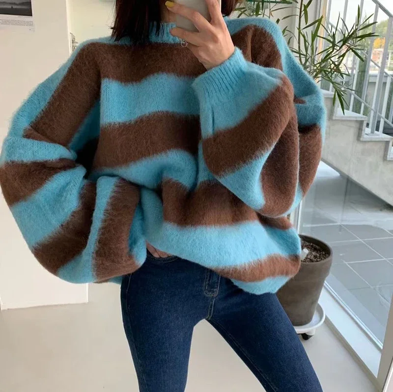 Puff Sleeve Knitted Sweater Women Korean Striped Vintage Pullover Ladies Tops Women\'s Clothing Round Neck Autumn Winter Jumper