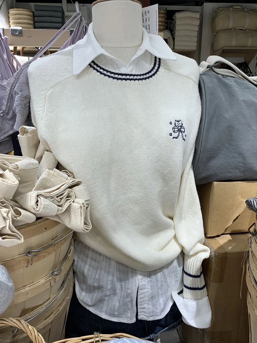 

Kitty With Bow Embroidery Sweaters Woman Autumn Contrast Color O-neck Long Sleeve Knitted Pullover Sweet Cute Jumpers Y2k Top