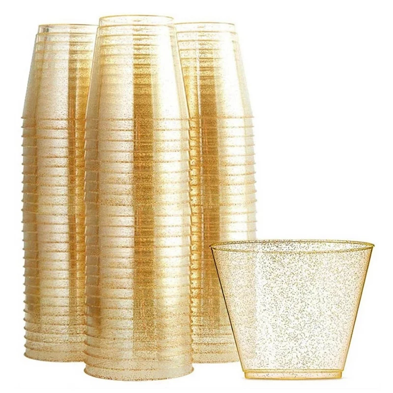 

60X Golden Plastic Cup Disposable Water Cup Golden Powder 90OZ Juice Cup Dessert Cup Mousse Cup Wedding Decoration