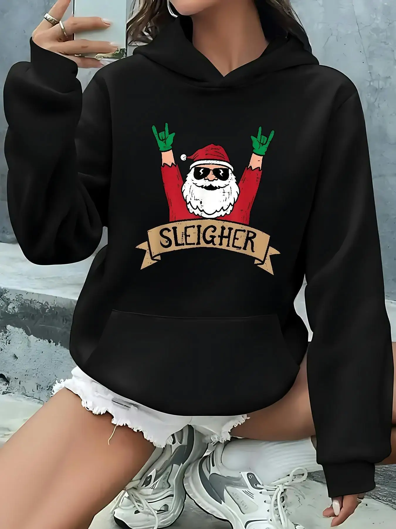 

Women's Christmas Hoodie Sweatshirt - Black with Santa Claus Graphic - Cozy Long Sleeve Pullover Hoodie for Holiday Parties