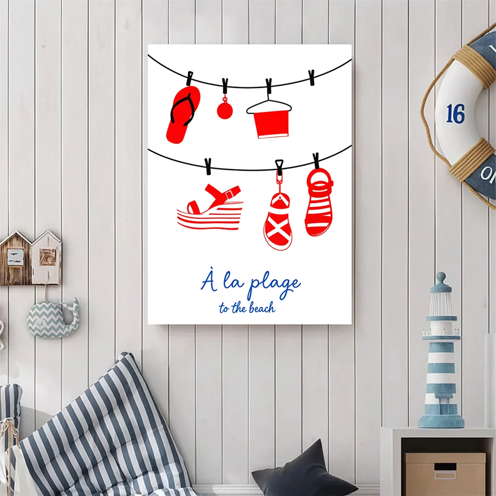 1PC-Unframed Canvas poster wall decoration Beach Flip Flops Clothesline Summer Vibes Stripes Sun Hat Beach Accessories
