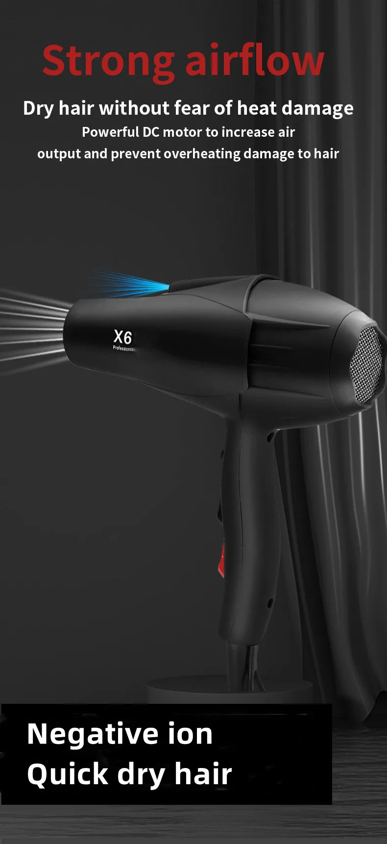 Neuer professioneller Haartrockner für Friseursalons, 2400W, hohe Leistung, starke Windgeschwindigkeit, Trocknung für zu Hause, empfohlener Haartrockner, EU/US-Stecker – Detail 6