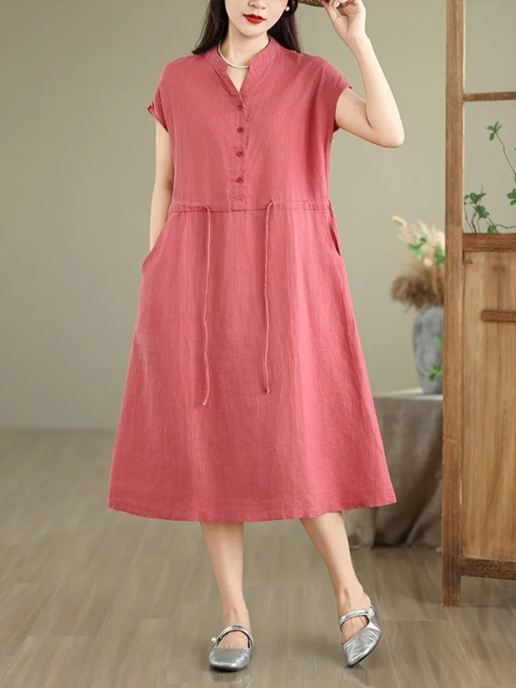 Artistiek Pure Kleur Katoen Linnen ort Sve Dr Dames Zomer Casual Taille Cinching Dstring Afslanken Linnen Midi Dr