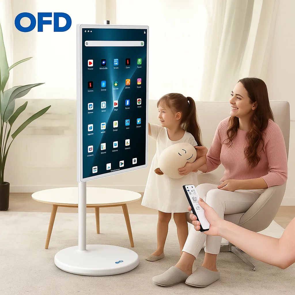 Televisor Inteligente Portátil de 32 Pulgadas con Soporte, Android 15, Monitor LCD Giratorio, Tablet PC Integrada para Aula y Oficina
