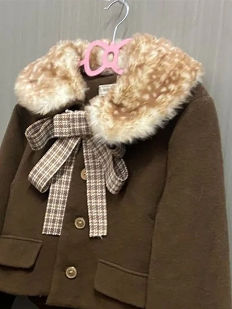 French Retro Brown Plush Lapel Woolen Short Coat Women Plaid Bow Design Elegant Slim Jacket New Vintage Christmas Clothing 2025