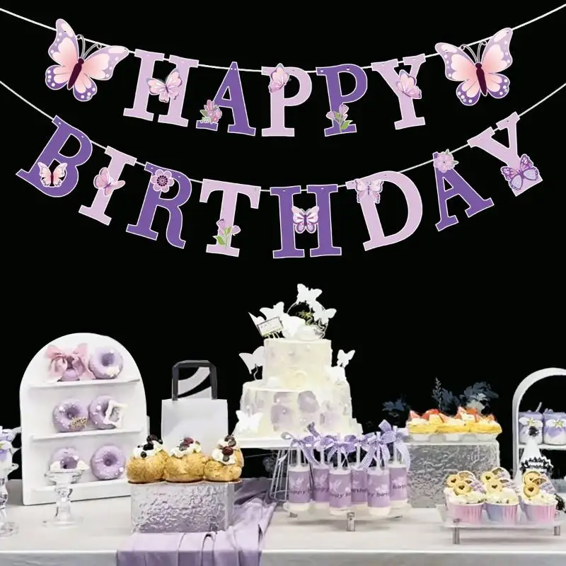 Bannière Joyeux Anniversaire avec Papillon Fleurs Dansantes Pendentif Suspendu Guirlandes Filles 1er Anniversaire Décoration de Fête