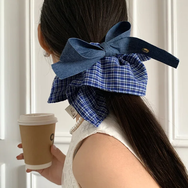 Koreański niebieski styl dżinsowy duża kokarda Scrunchies dla kobiet nieregularna krawędź uchwyt na kucyk opaski do włosów Y2K dziewczęce akcesoria do włosów