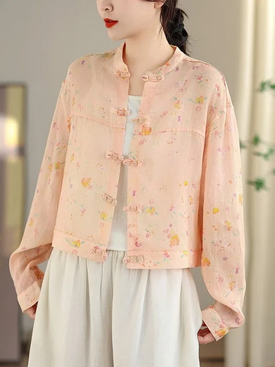 

Новый китайский кардиган с цветочным принтом, свободный, длинный, тонкий, больших размеров, женский, на пуговицах, с воротником-стойкой, модный топ