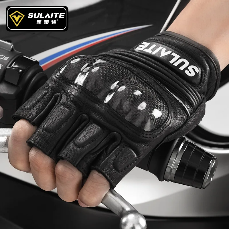 SULAITE Summer Breathable Half Finger Rider Sheepskin Carbon Fiber Racing Protective Gloves Motorcycle Gloves motocross gloves view 2