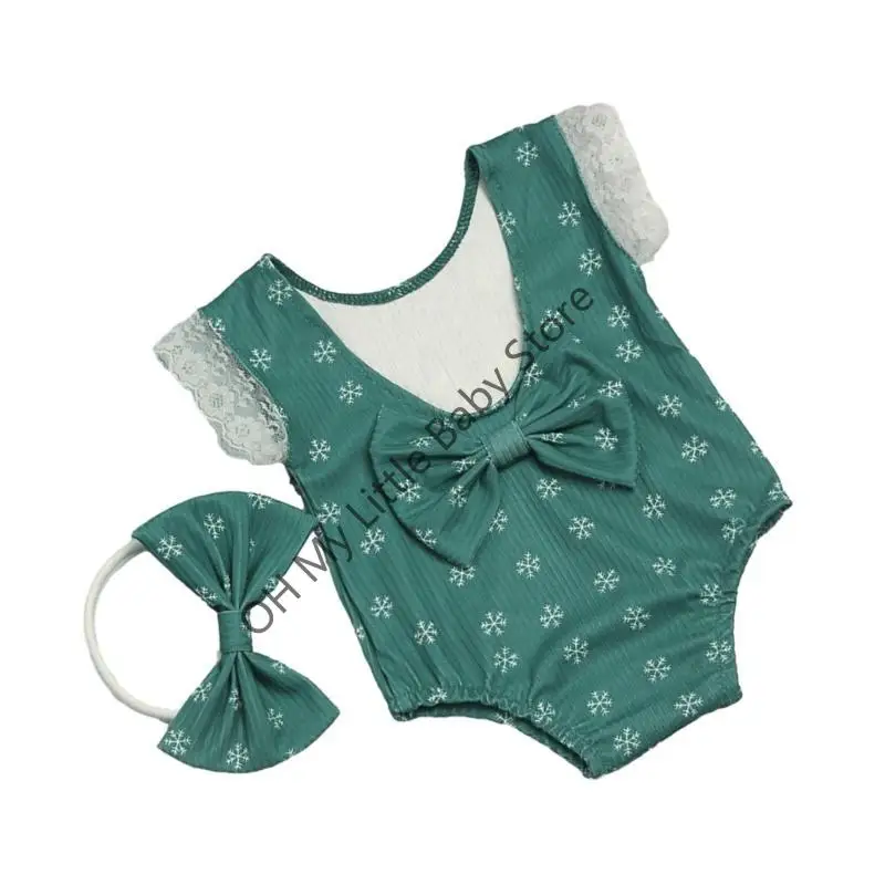 

M76C Рождественская одежда для детской фотосессии, повязка на голову с бантом и комбинезон с принтом, винтажный костюм для для