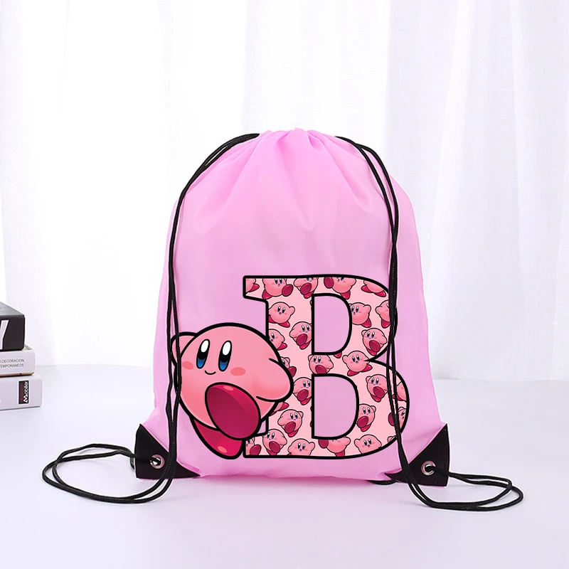 Kirby Boys Girls Cartoon Letter Drawstring Bag Sports Waterproof Backpack Bundle Pocket Terylene Basketball Bags Anime Cute Gift