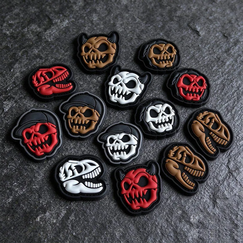 2PCS/lot Skull Dinosaur Morale Badge 3D PVC Patch with Hook Tactical Rubber Emblem Military Sticker for Backpack Hat Jacket