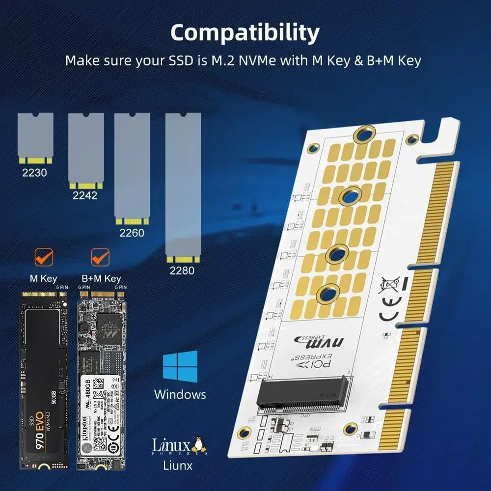 MAIWO M.2 NVME to PCIE Adapter Card PCI-E4.0 X16 Gen4 Aluminum alloy Expansion Card Support 64Gbps for 2280/60/42/30 NVME SSDs
