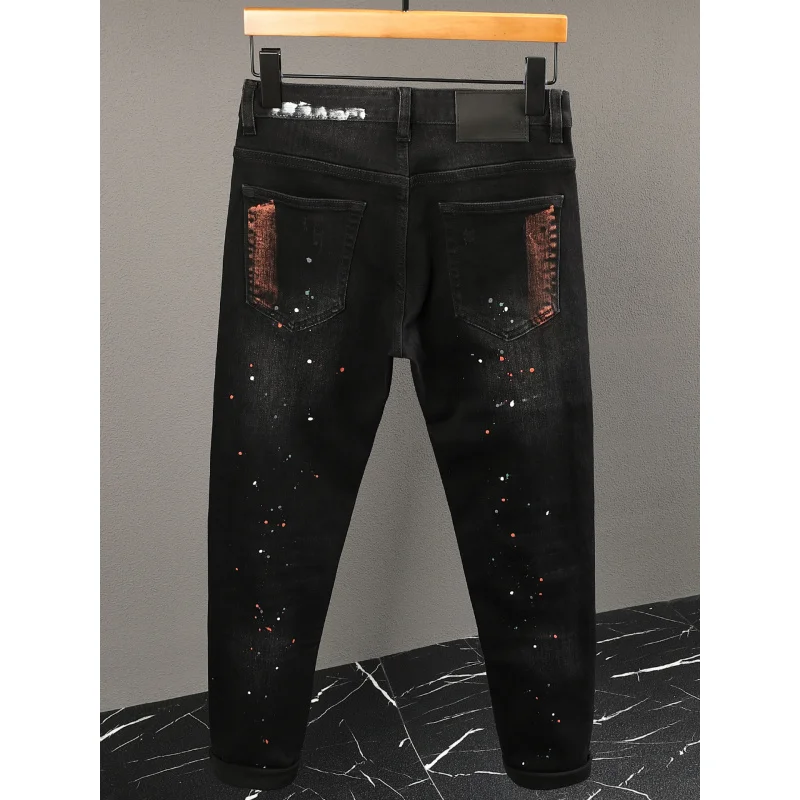 2025 Autumn/Winter Retro Jeans Men's Street Trendy Splash Ink Graffiti Printed Broken Hole Patch Slimming Small Leg Pants
