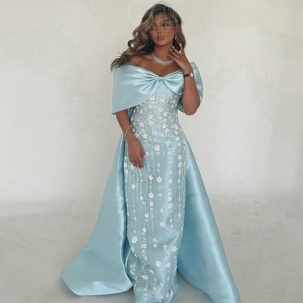 

Exquisite Birthday Party Dresses Satin Sheath/Column Prom Dress Sky Blue Off-the-shoulder Bow Beads Applique Women Evening Dress