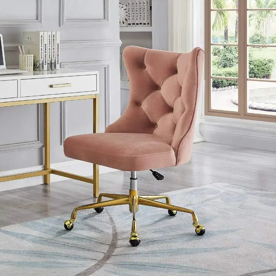 

Velvet Upholstered Tufted Button Home Office Chair with Golden Metal Base,Adjustable Desk Chair Swivel Office Chair