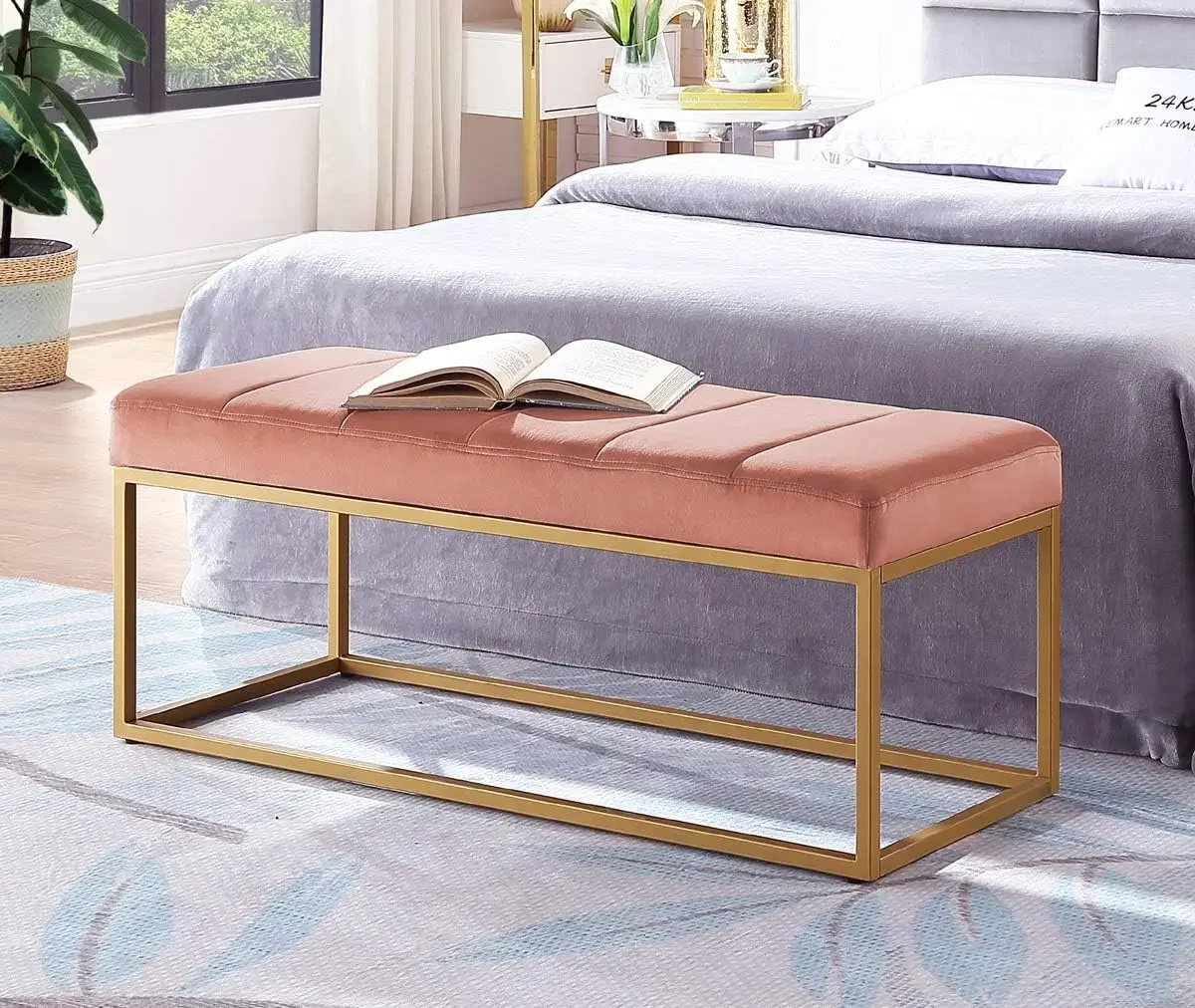 

Velvet Upholstered End of Bed Bench with Metal Frame, Modern Tufted Channel Entryway Bench for Living Room, Bedroom,Blush/Golden