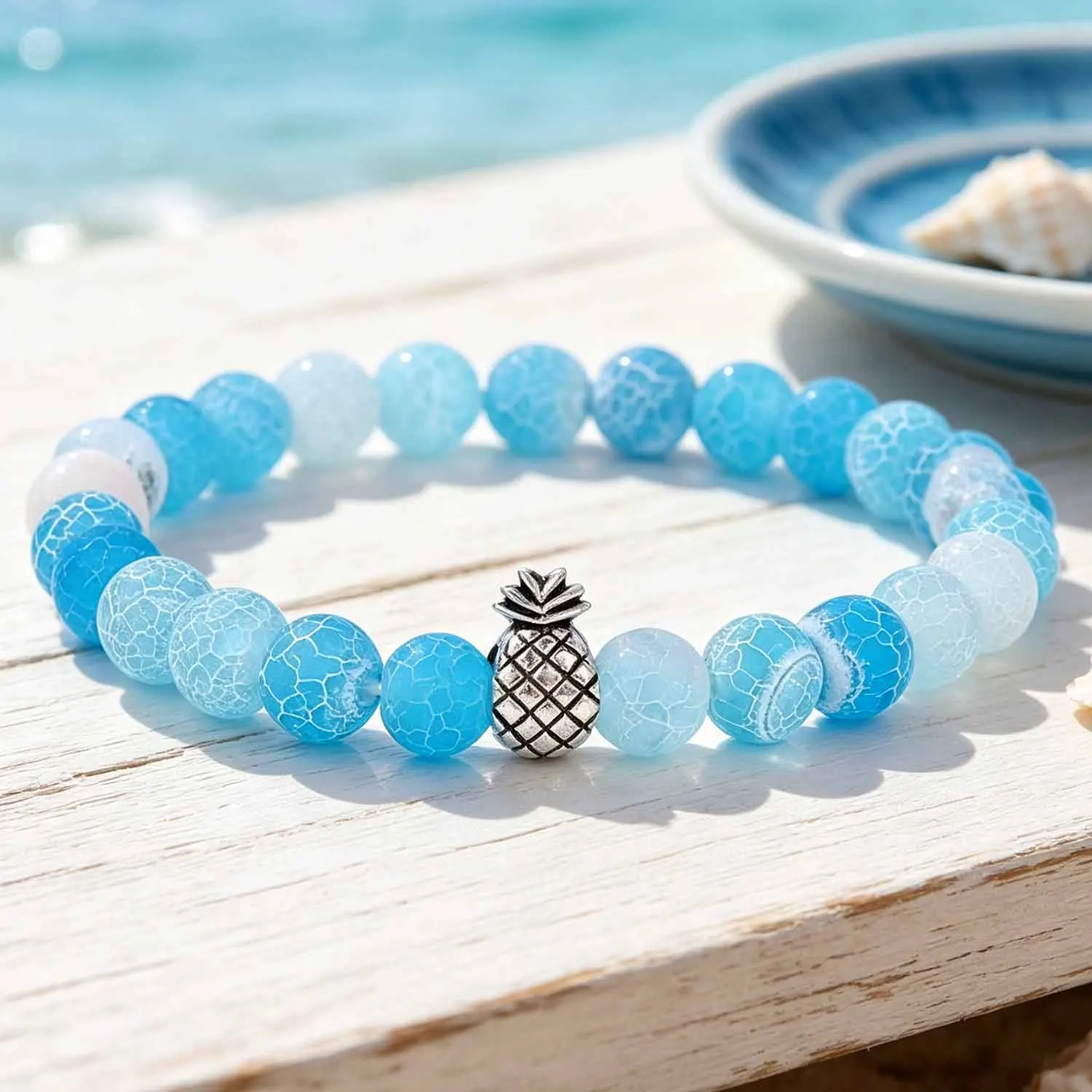Natural Weathered Agate Beaded Bracelet for Women Men Silvery Pineapple Charm Elastic Stone Bracelets Yoga Meditation Jewelry
