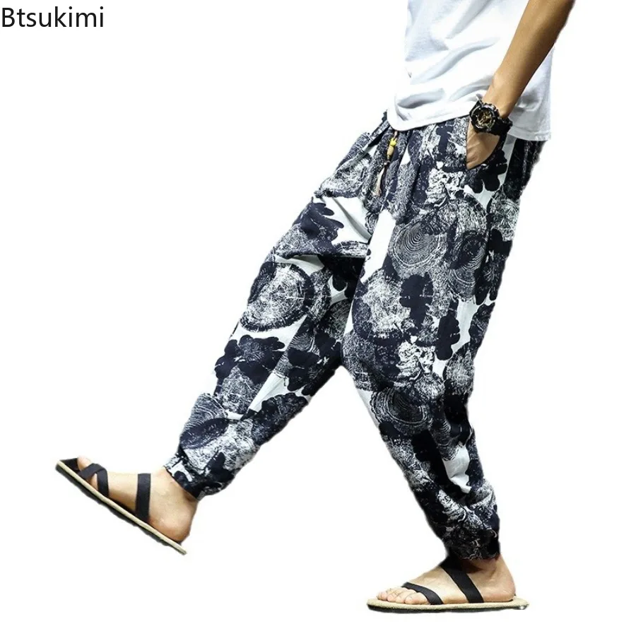 Summer Cotton Linen Pants 2025 Men's Fashion Harajuku Harem Pants Casual Hip Hop Streetwear Male Vintage Baggy Joggers Pants 5XL