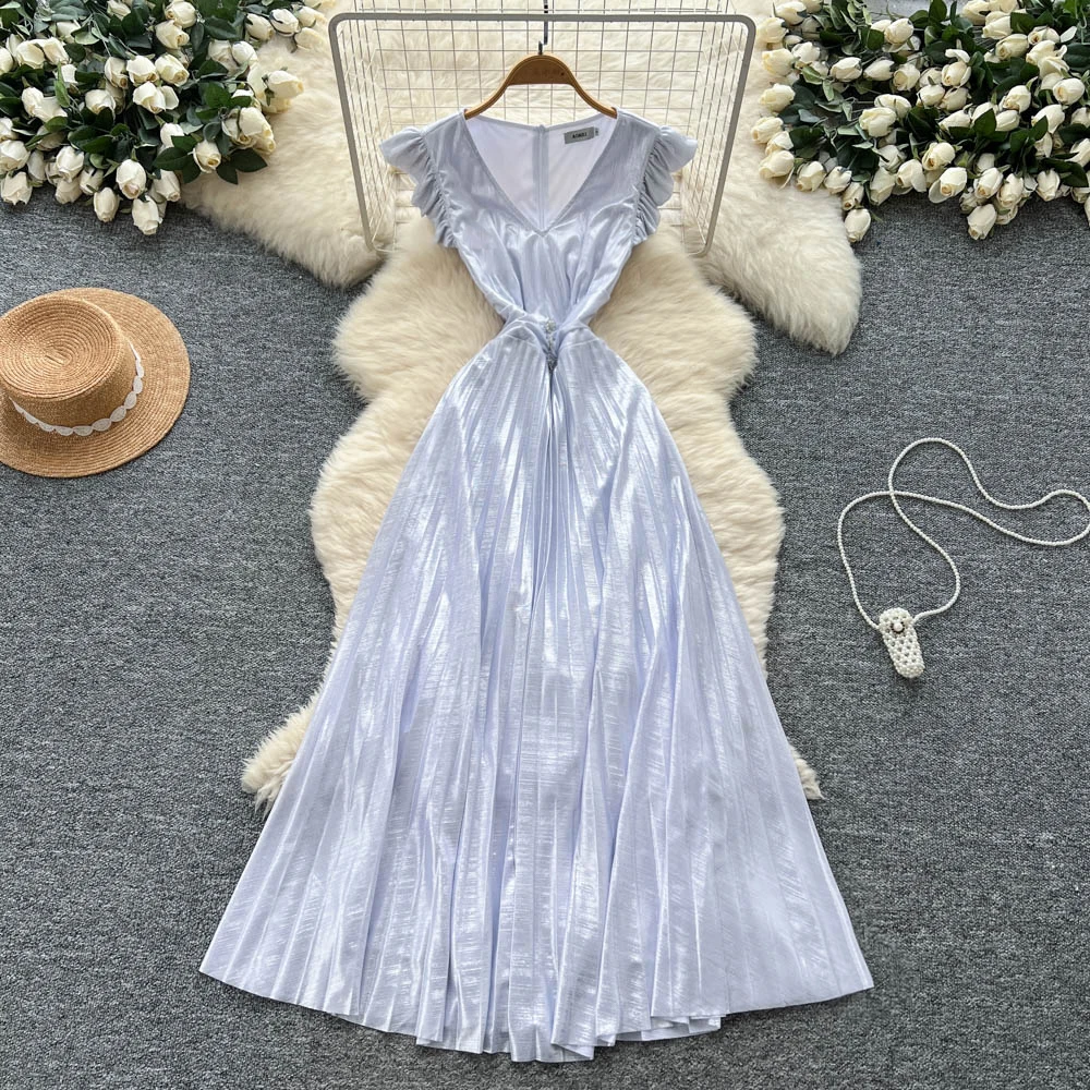 Elegancka sukienka letnia w stylu vintage, satynowa, z krótkim rękawem, inspirowana koreańską modą boho, długa sukienka damska.