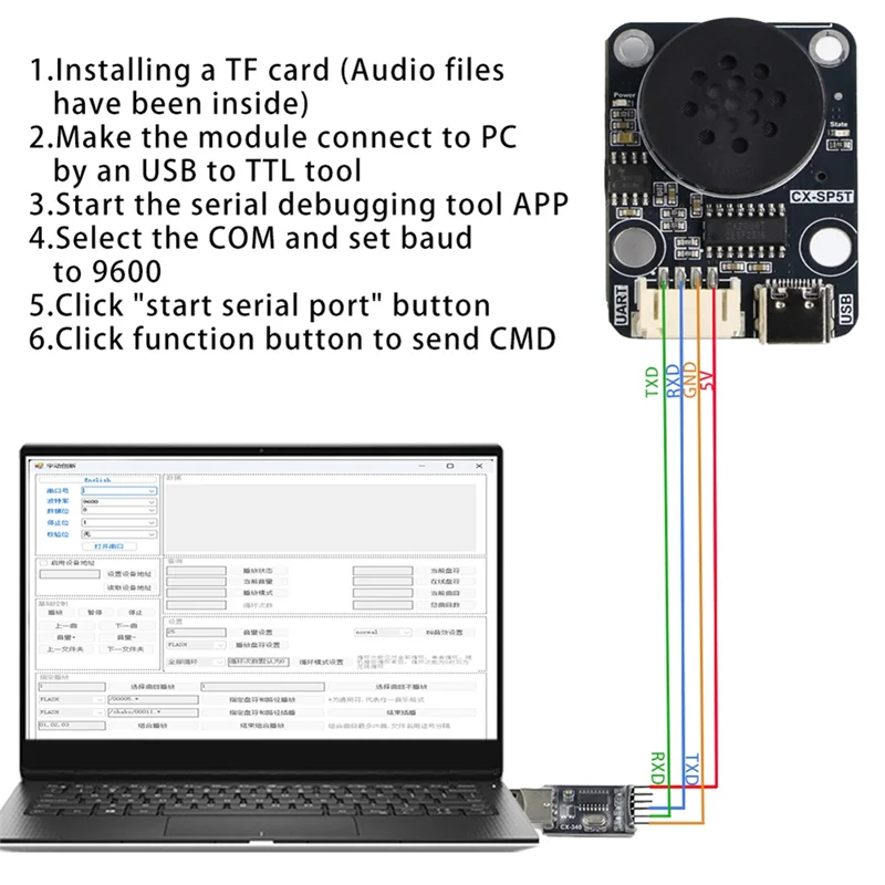 Y19A MP3 Módulo de reprodução de voz CX-SP5T Kit de desenvolvimento UART Controle de porta serial compatível Bloco de construção eletrônico Música