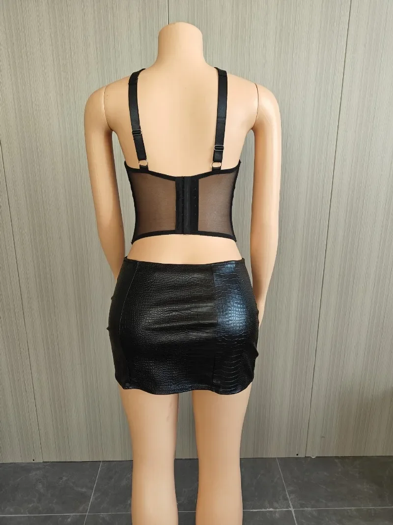 اعوج بولي Leather الجلود 2 قطعة مجموعة المرأة مثير الجوف خارج الصليب الرسن عارية الذراعين الدانتيل يصل تانك القمم + انقسام Bodycon التنانير الصغيرة #6
