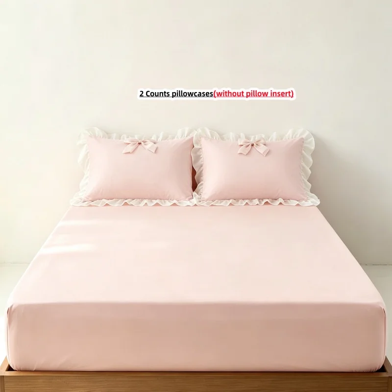 3Pcs Fitted Bed Sheet With Elastic Band Anti-slip Adjustable Mattress Cover lace bow Pillowcase without pillow core
