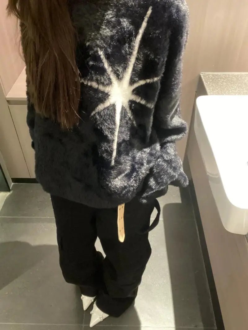 Spider Print O-Neck Long Sleeve Knitted Vintage Sweaters Women American Oversize Sueter Mujer Hiphop Grunge Pullovers Y2k