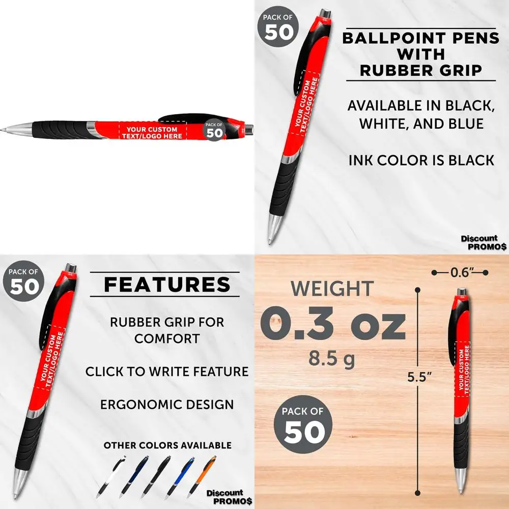 

Customizable 50-Pack Ballpoint Pens with Rubber Grip - Soft Touch, Black Ink, Personalized Text and Logo Options
