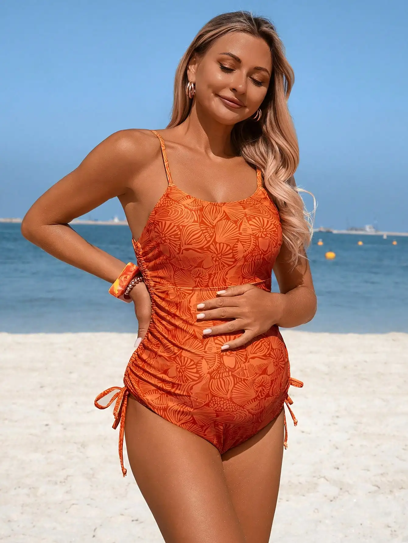 

Orange Shell Print Ruched One-Piece Swimsuit With Side Drawstring For Women Beach Vacation