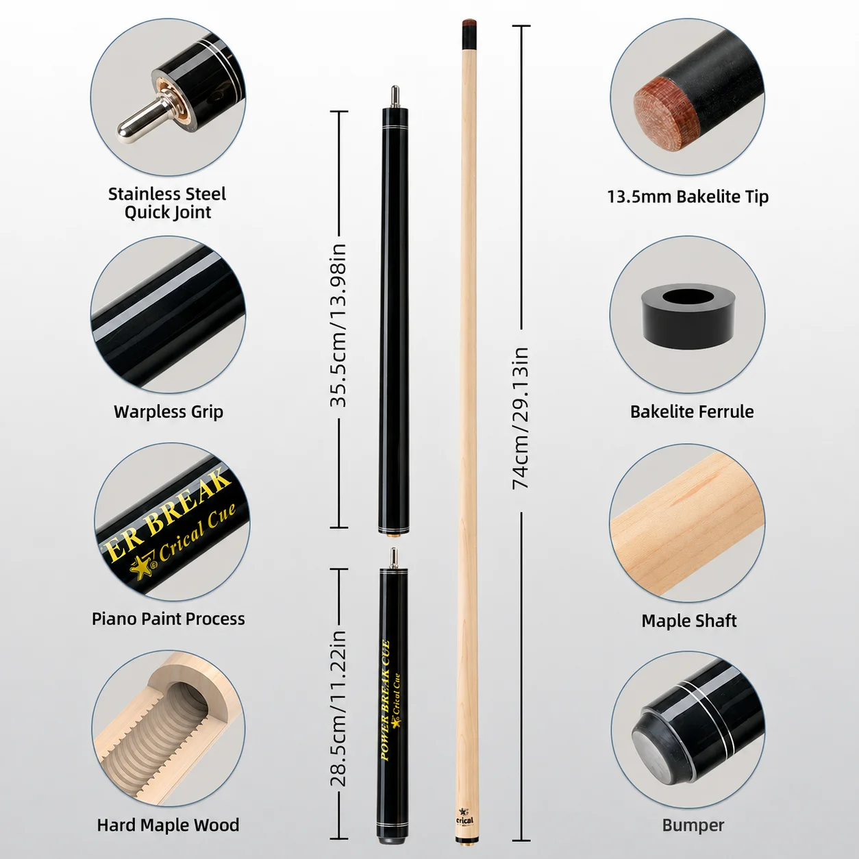 CRICAL Heavy Hitter Jump Break Cue 54 Inch 3-Piece Maple Shaft Break Cue 13.5mm Tip Professional Pool Billiard Cue
