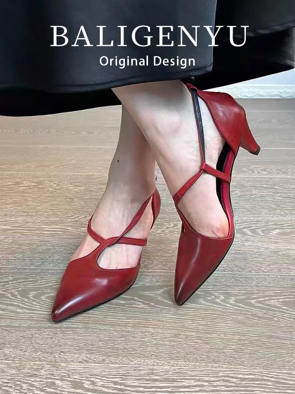 

Retro Style Pointed Toe Thin Heel Single Shoes Women's Red Cross Buckle Versatile High Heels Leather Inner Material Rubber Sole