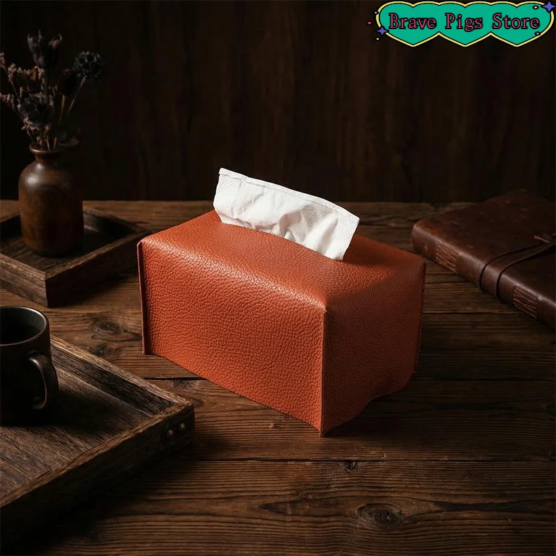 [HM]Tissue Box Cover Refined PU Leather Foldable Tissue Box Holder - Decorative Holder/Organizer For Bathroom Vanity Countertop