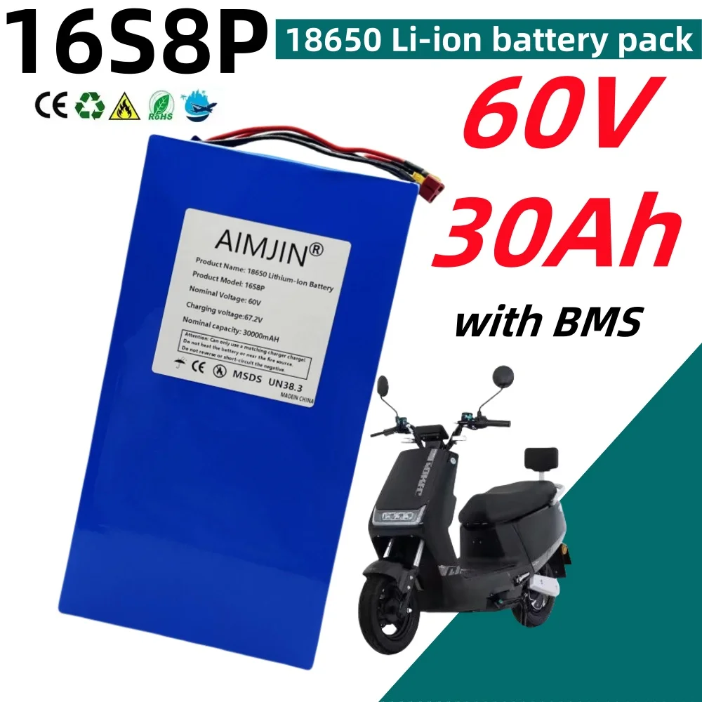

High Power 60V 30Ah 16S8P 18650 Battery Pack, 3000W Built-in BMS Rechargeable Li-ion Battery with 67.2V Full Match Charger