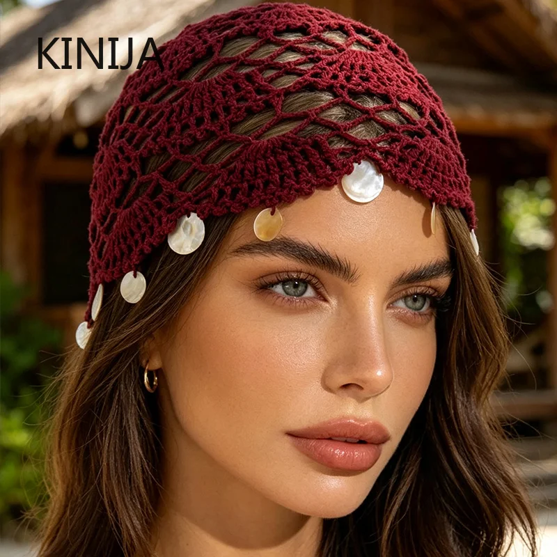 New Shell Disc Tassels Hand-woven Beanies Cap for Women Spring Summer Travel Breathable Versatile Elegant Retro Pullover Hats