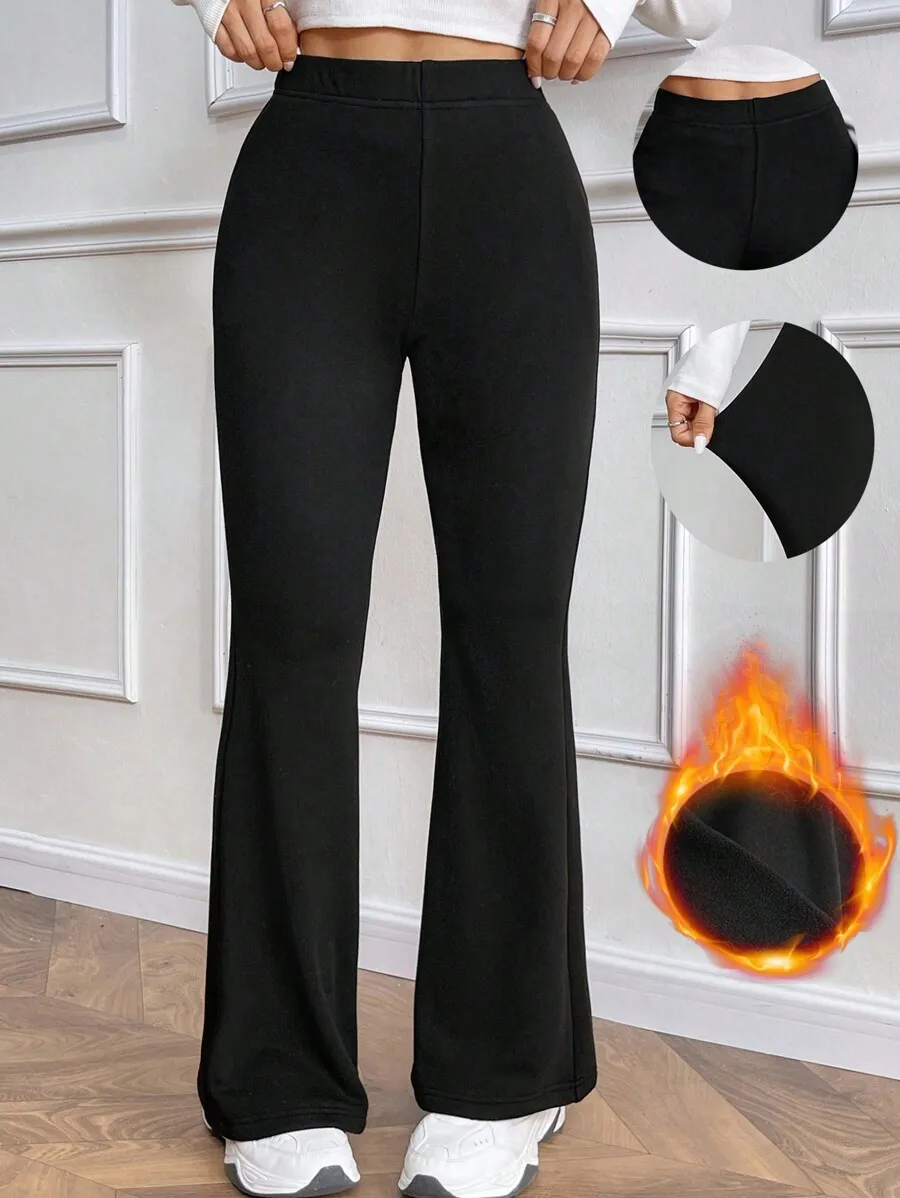 

Women's High Waist Flare Pants with Thermal Lining, Elastic Waist, Black, Winter Casual