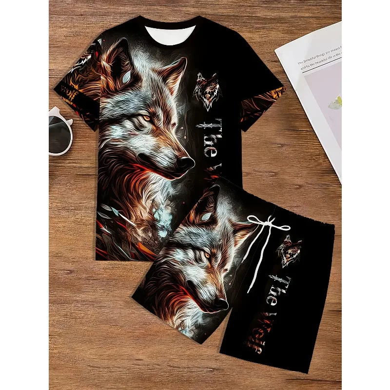 2025 Men's Summer 3D Printed T-shirt and Shorts Set Daily Casual Sports Round Neck Polyester Fiber Material