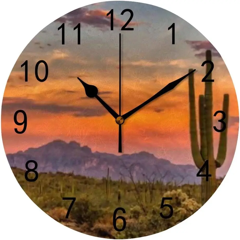 Sunset in The Sonoran Desert 10 Inch Round Wall Clock Battery Operated Silent Non Ticking Easy to Read Wall Decor for Liv