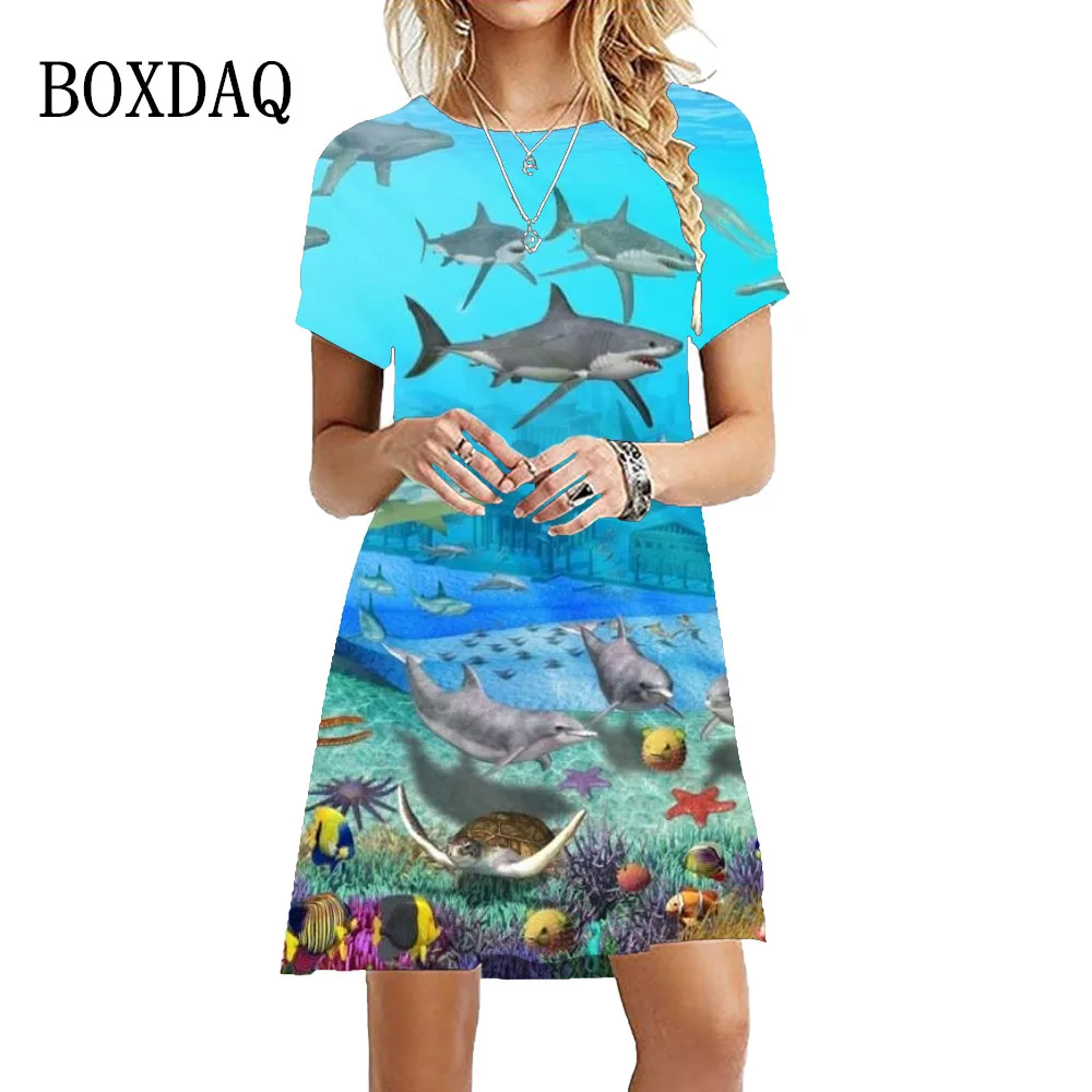 Under The Sea Whale Pattern Dresses For Summer 2023 New Women 3D Printed Oversized Short Sleeve Clothing Fashion Loose Dress