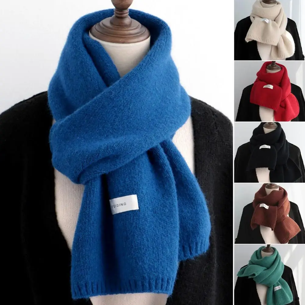 Women Scarf Solid Color Labeling Thickened Long Stretch Imitation Cashmere Windproof Knitted Neck Scarf Streetwear